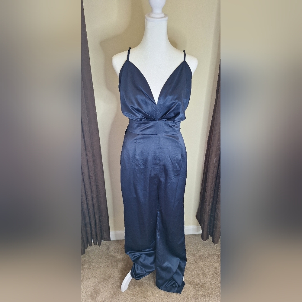 bebe Midnight Blue Satin Jumpsuit